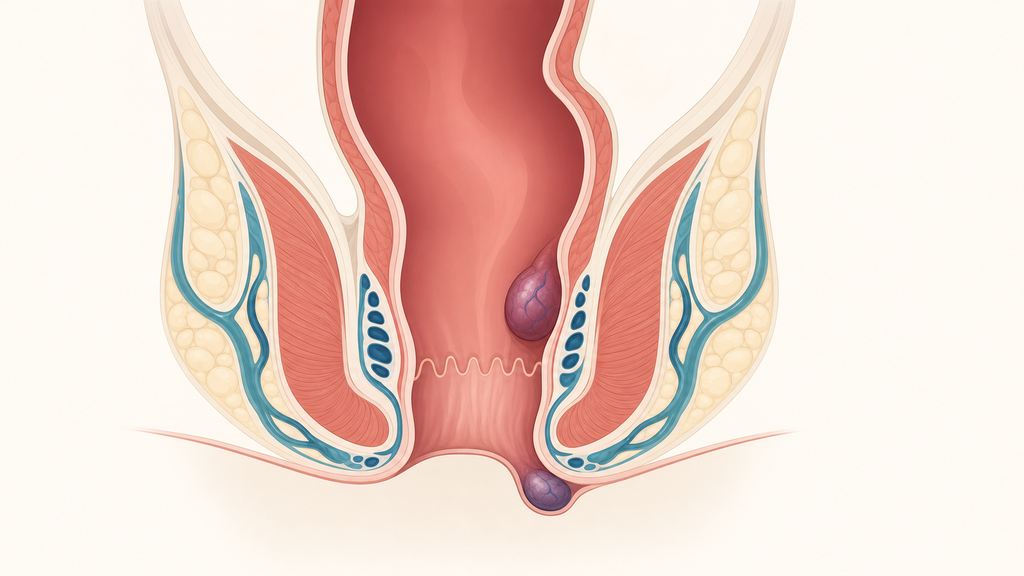 Editorial medical illustration of internal and external hemorrhoids in the anal canal