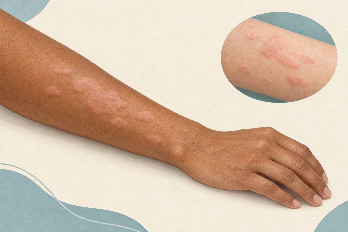 Editorial illustration of raised hives on an adult forearm, with an inset showing wheals on lighter skin