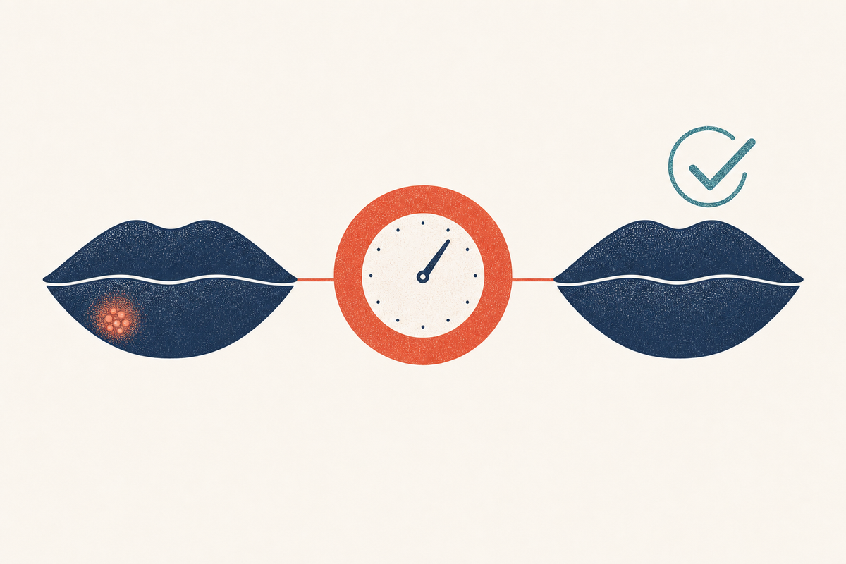Editorial medical illustration representing fast, early treatment of a cold sore