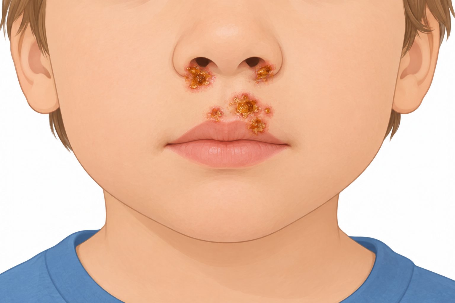 Illustration of impetigo in a child showing honey-colored crusted sores around the nose and mouth