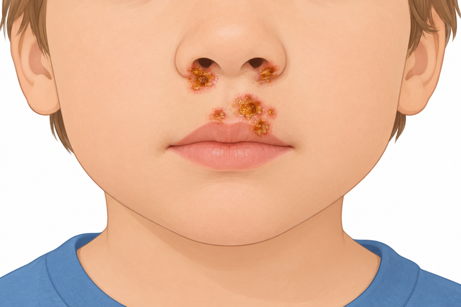 Illustration of impetigo in a child showing honey-colored crusted sores around the nose and mouth