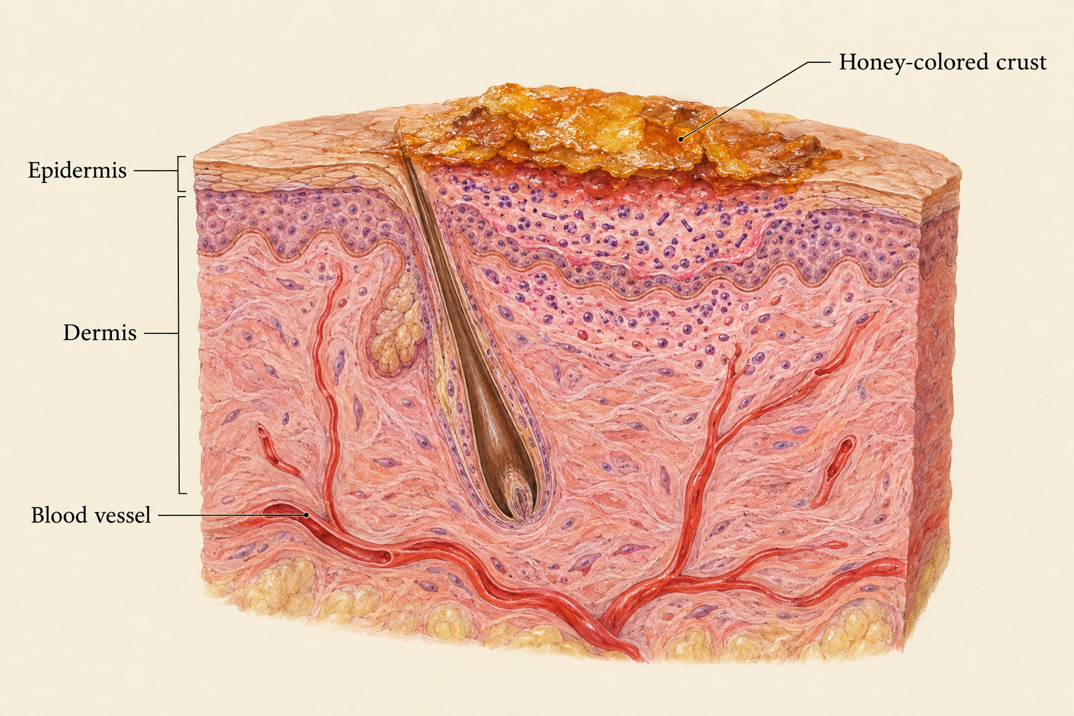 Anatomical illustration of skin in cross-section showing impetigo as a superficial infection with a honey-colored crust