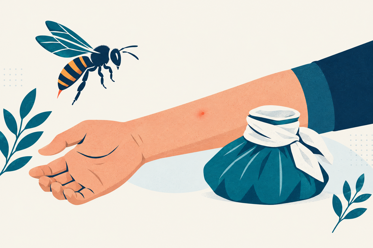Editorial illustration of a bee, an adult forearm with a small sting reaction, and a cloth-wrapped cold pack