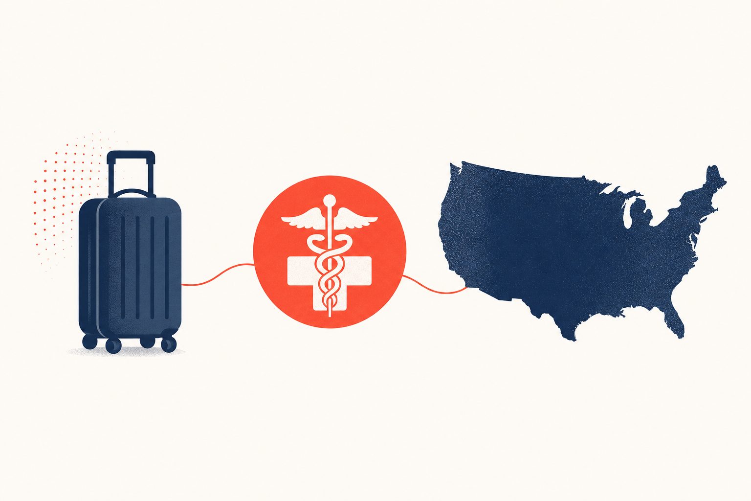 Editorial medical illustration: a traveler's suitcase, a coral medical caduceus symbol, and the outline of the United States, representing international visitors seeking medical care in the US