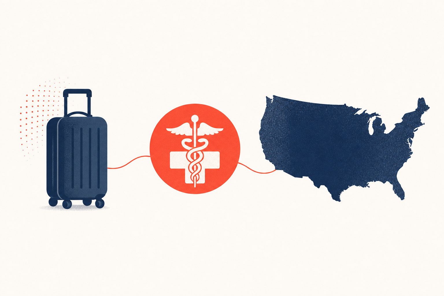 Editorial medical illustration: a traveler's suitcase, a coral medical caduceus symbol, and the outline of the United States, representing international visitors seeking medical care in the US