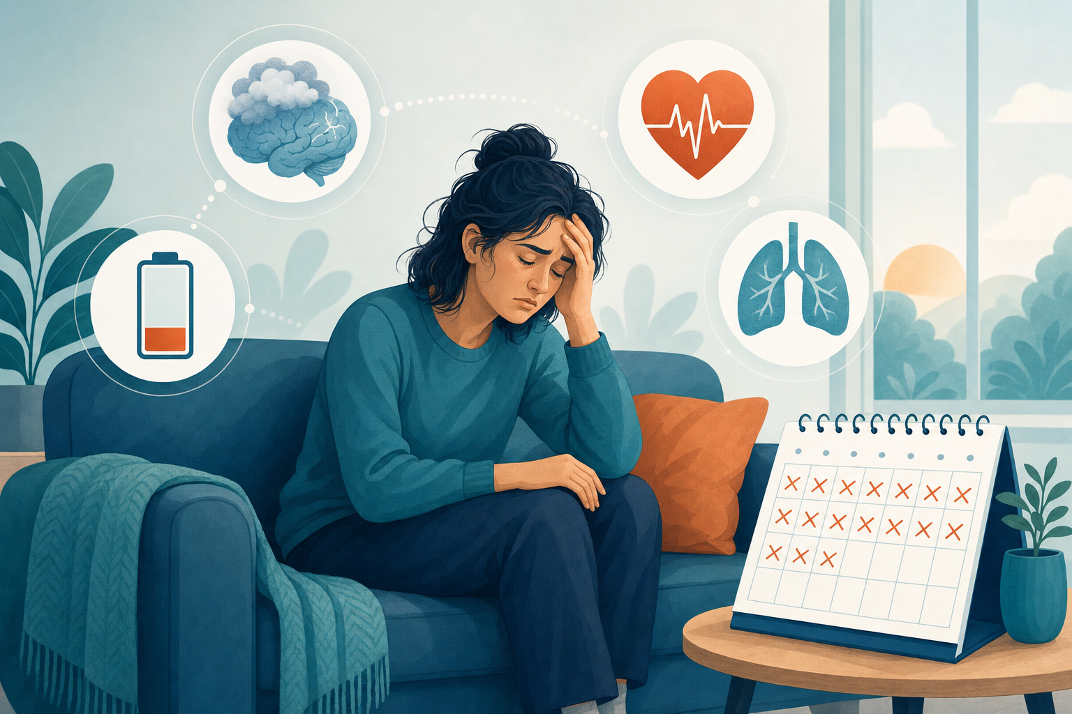 Person experiencing Long COVID symptoms including brain fog, fatigue, and cardiac symptoms with a calendar showing prolonged duration