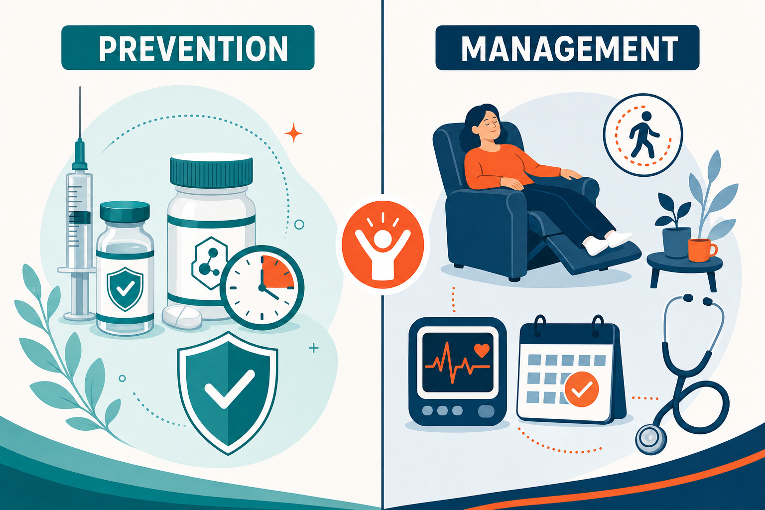 Diagram showing prevention strategies including vaccine and early metformin contrasted with management strategies including pacing and supportive care