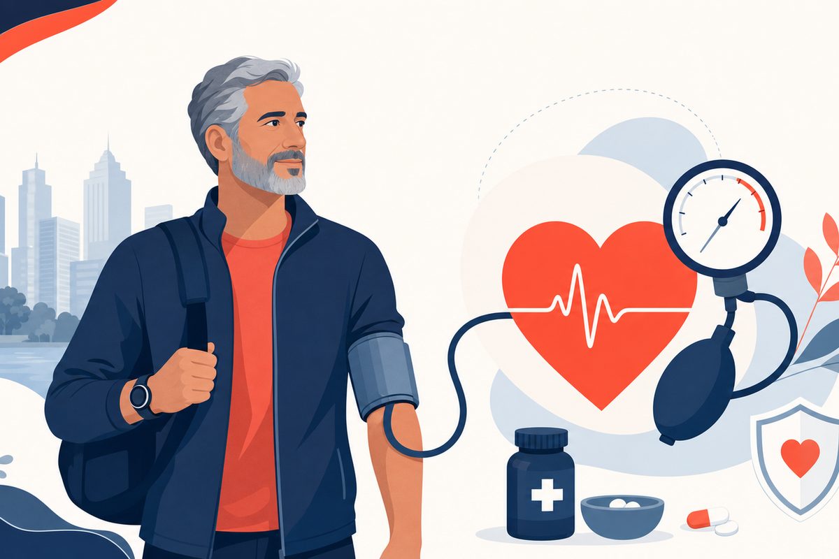 Editorial medical illustration representing Managing High Blood Pressure When You're Always on the Move