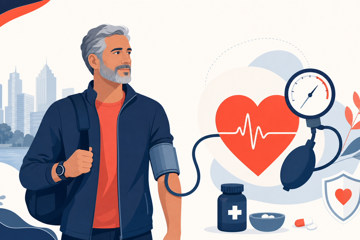 Editorial medical illustration representing Managing High Blood Pressure When You're Always on the Move