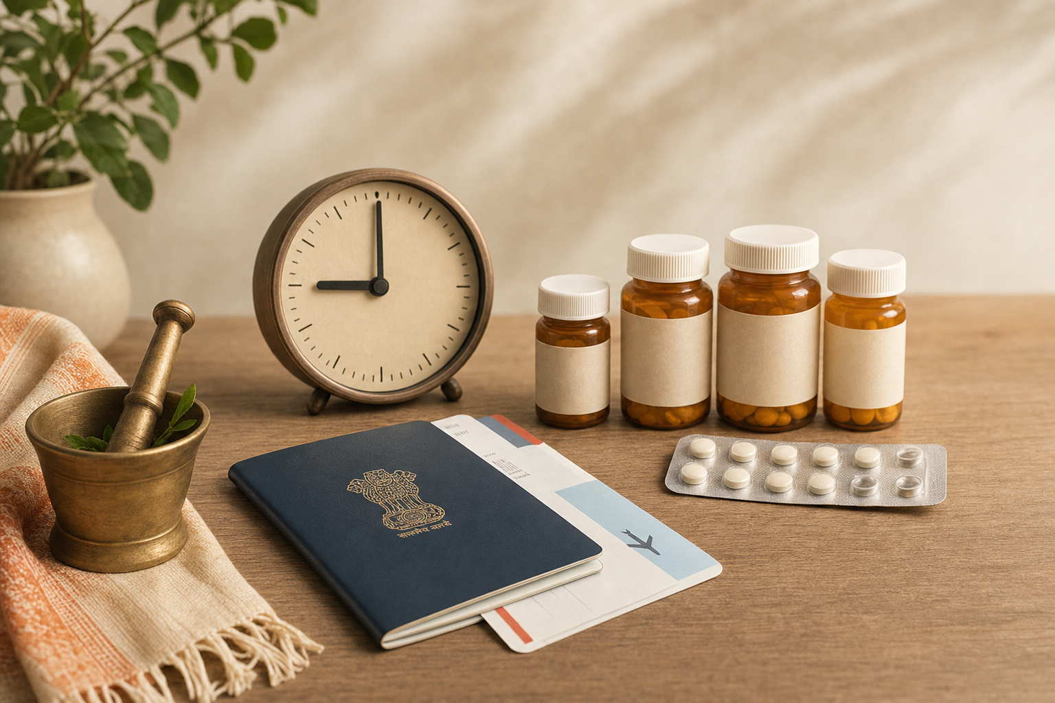 Editorial medical illustration: a warm nightstand still life with an Indian passport, a US boarding pass, four prescription pill bottles, a strip of Indian-style blister-packed tablets, a small brass Ayurvedic mortar and pestle, and a travel clock, representing a visitor from India managing chronic health during a US trip