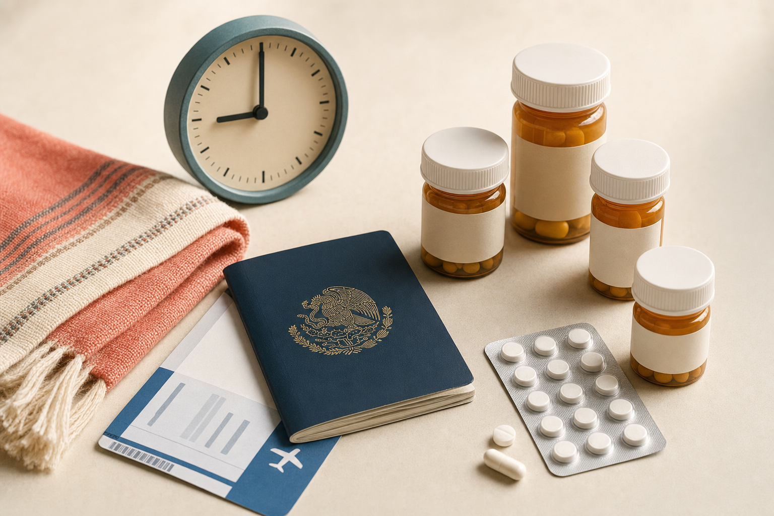 Editorial medical illustration: a warm nightstand still life with a Mexican passport, a US boarding pass, four prescription pill bottles, a strip of blister-packed tablets, a coral rebozo textile, and a travel clock, representing a visitor from Mexico managing chronic health during a US trip