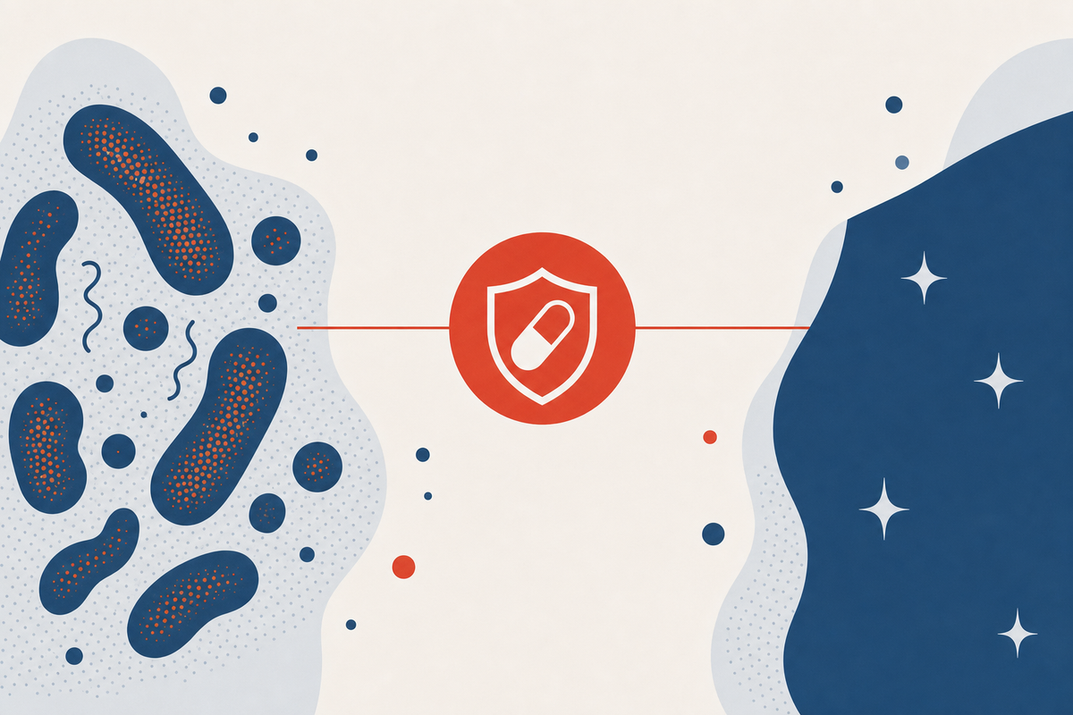 Editorial medical illustration representing Metronidazole