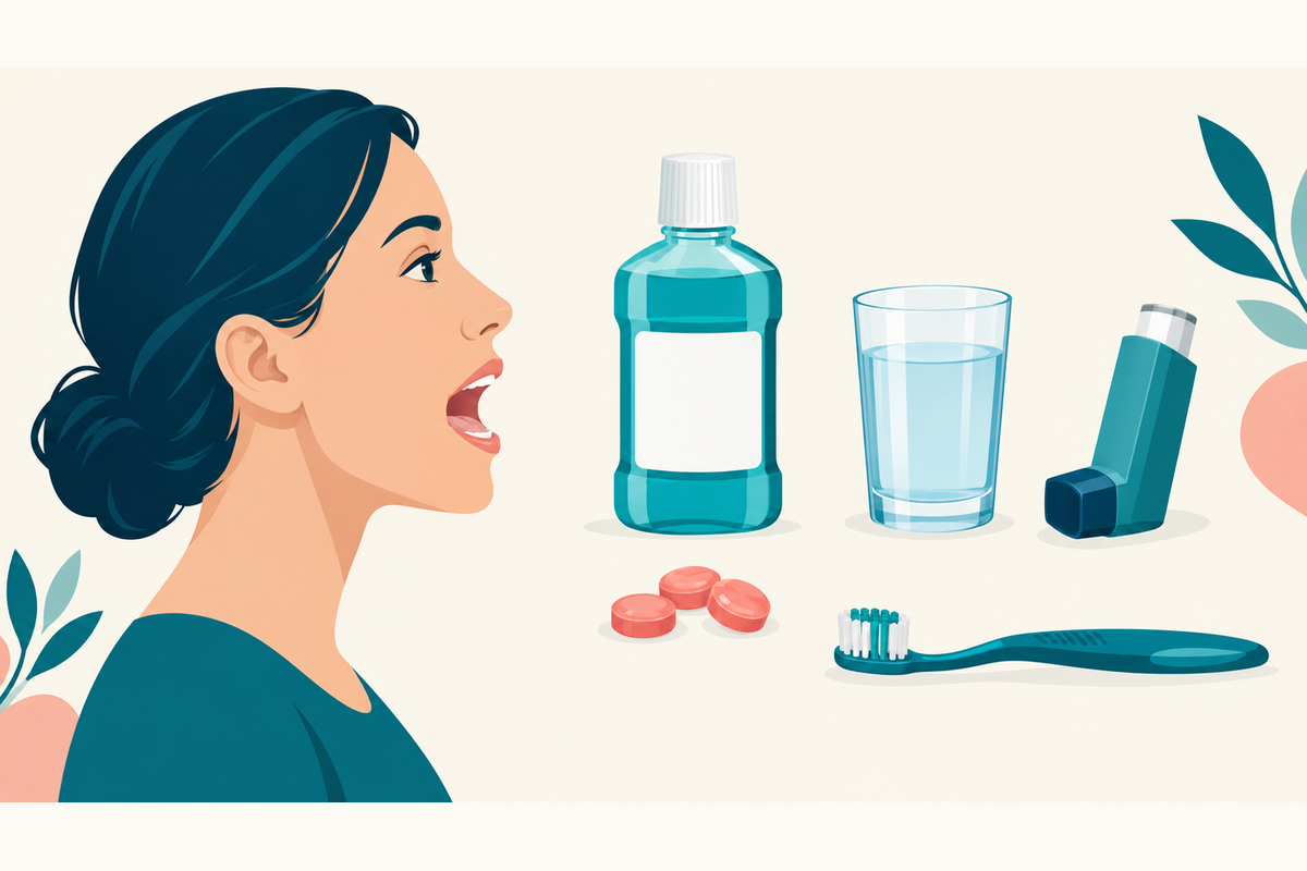 Editorial illustration of adult oral care with a rinse bottle, lozenges, toothbrush and inhaler
