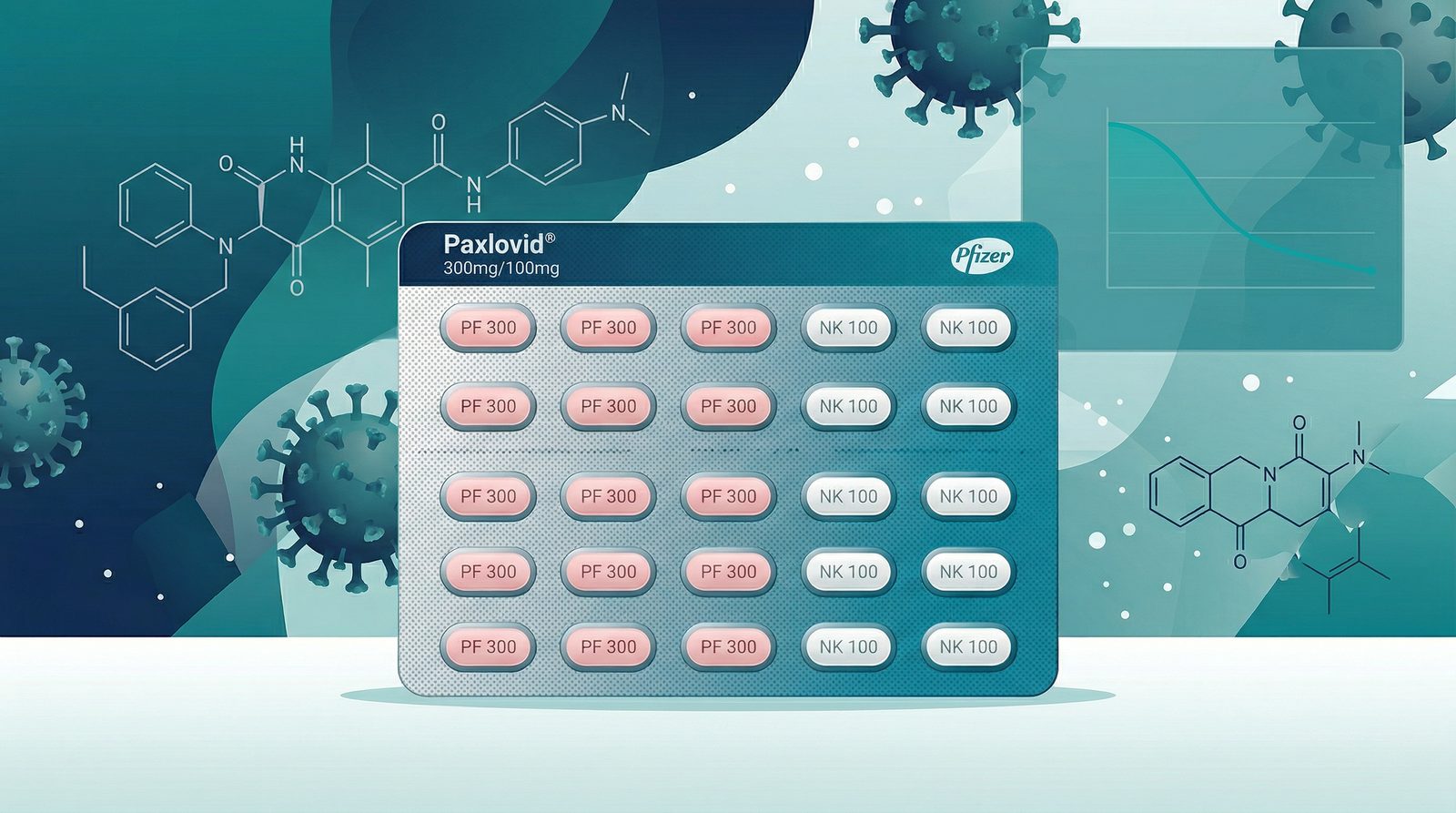 Paxlovid pill pack with molecular structure and virus particles in background