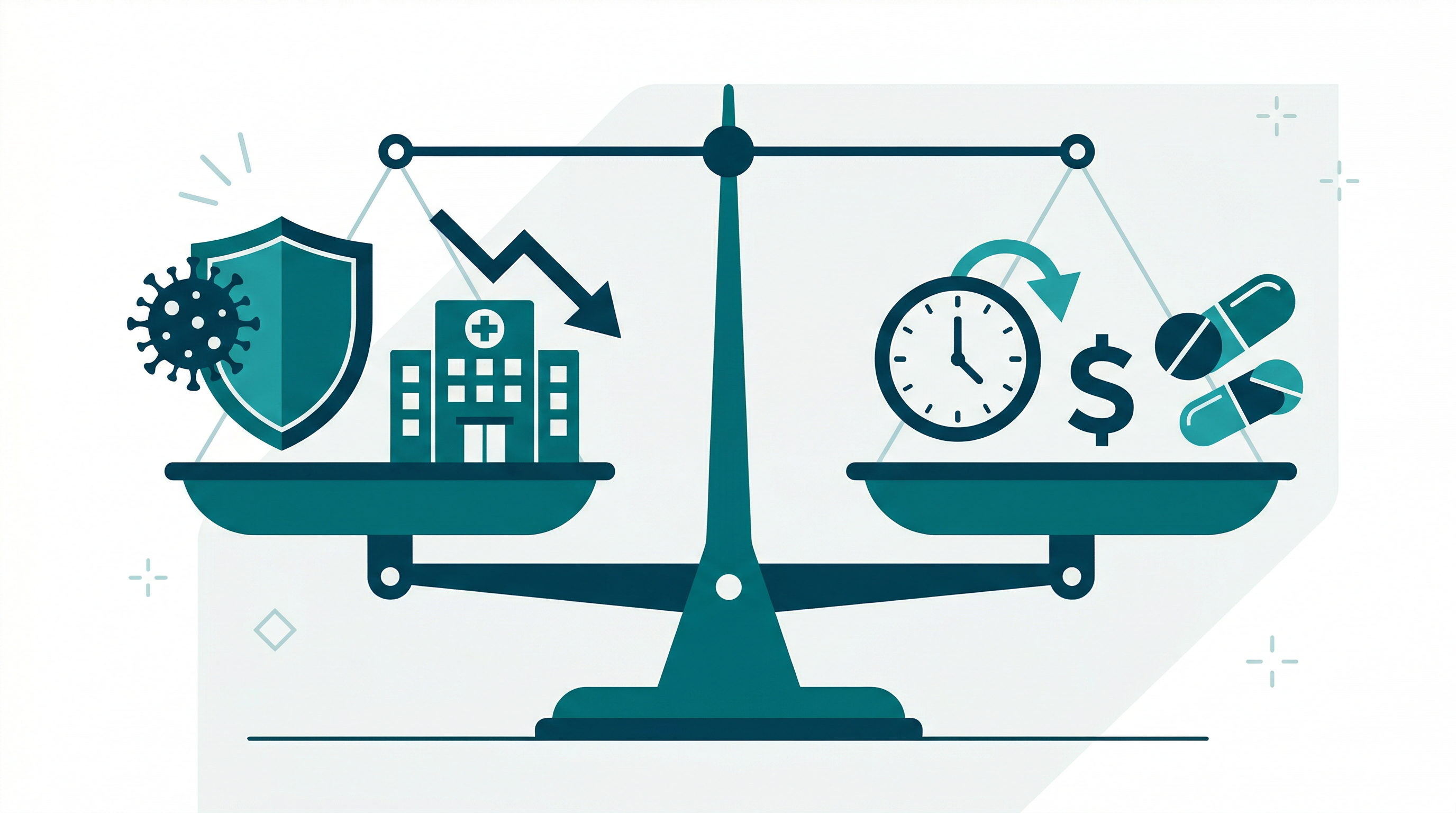 Balance scale comparing Paxlovid benefits (reduced hospitalization) with considerations (rebound, cost, drug interactions)