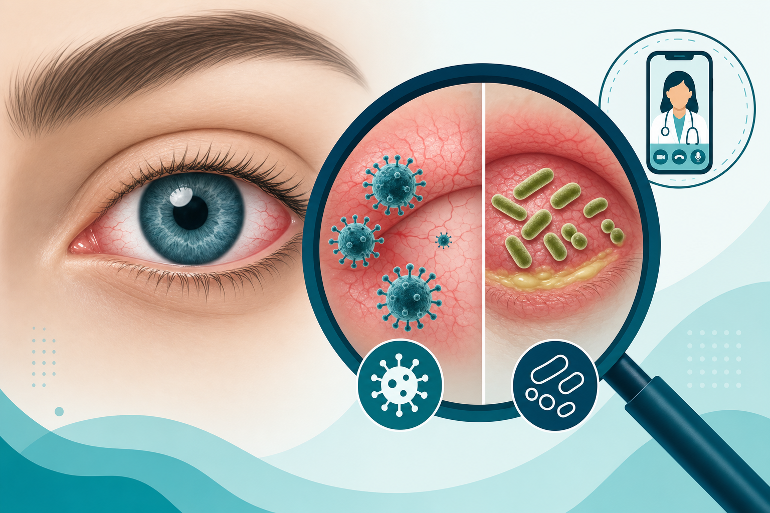 Close-up eye comparison showing viral versus bacterial conjunctivitis with telehealth phone icon