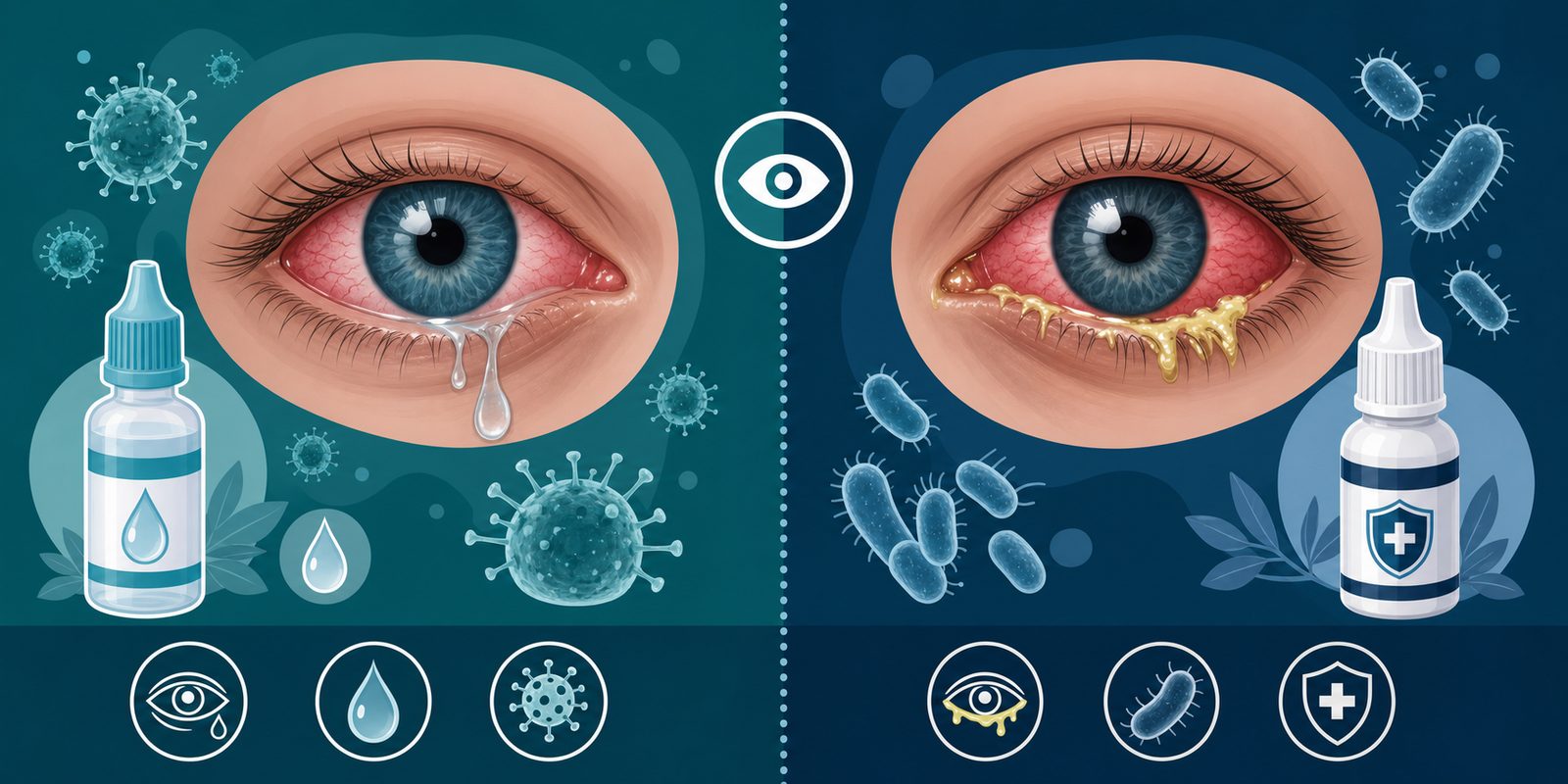 Side-by-side comparison of viral pink eye with watery discharge versus bacterial pink eye with thick yellow discharge