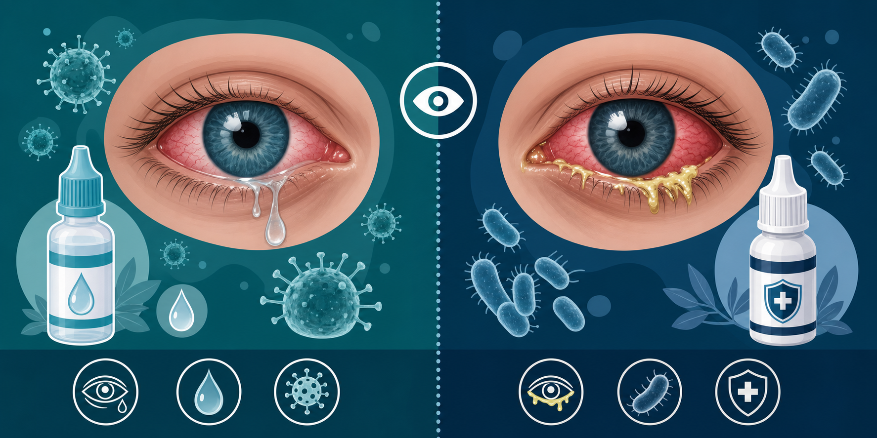Side-by-side comparison of viral pink eye with watery discharge versus bacterial pink eye with thick yellow discharge