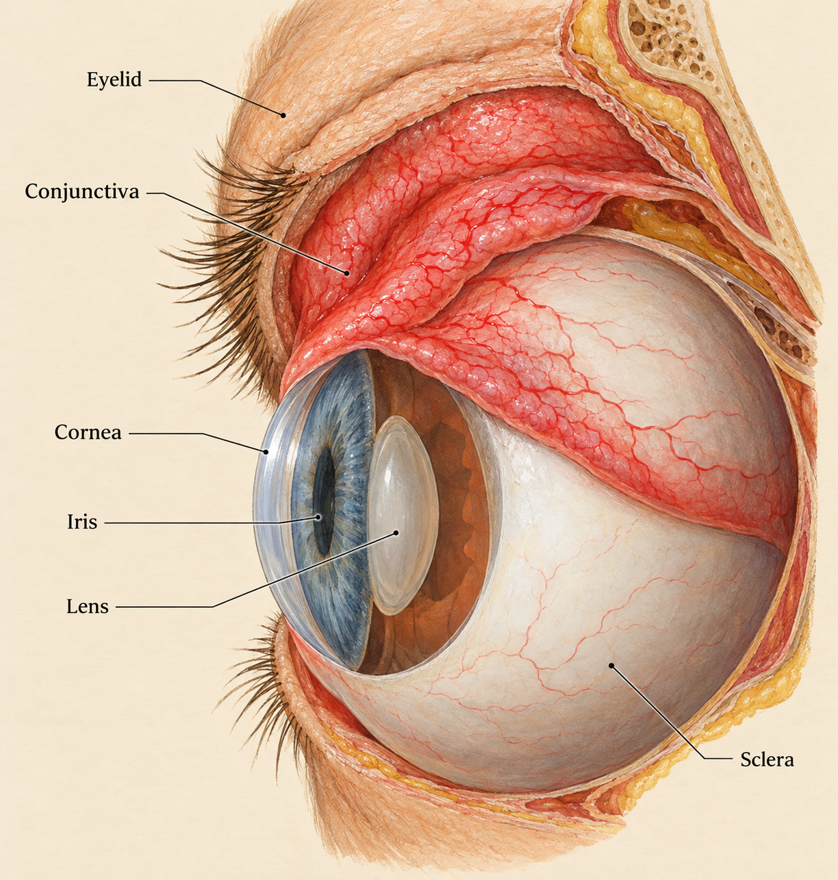 Anatomical illustration showing the conjunctiva lining the eyelid and eye, inflamed in pink eye