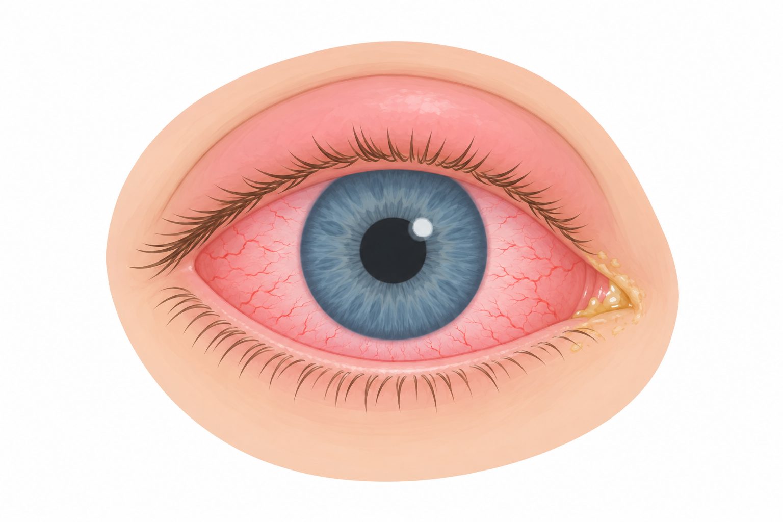 Illustration of a child's eye with conjunctivitis showing redness and discharge