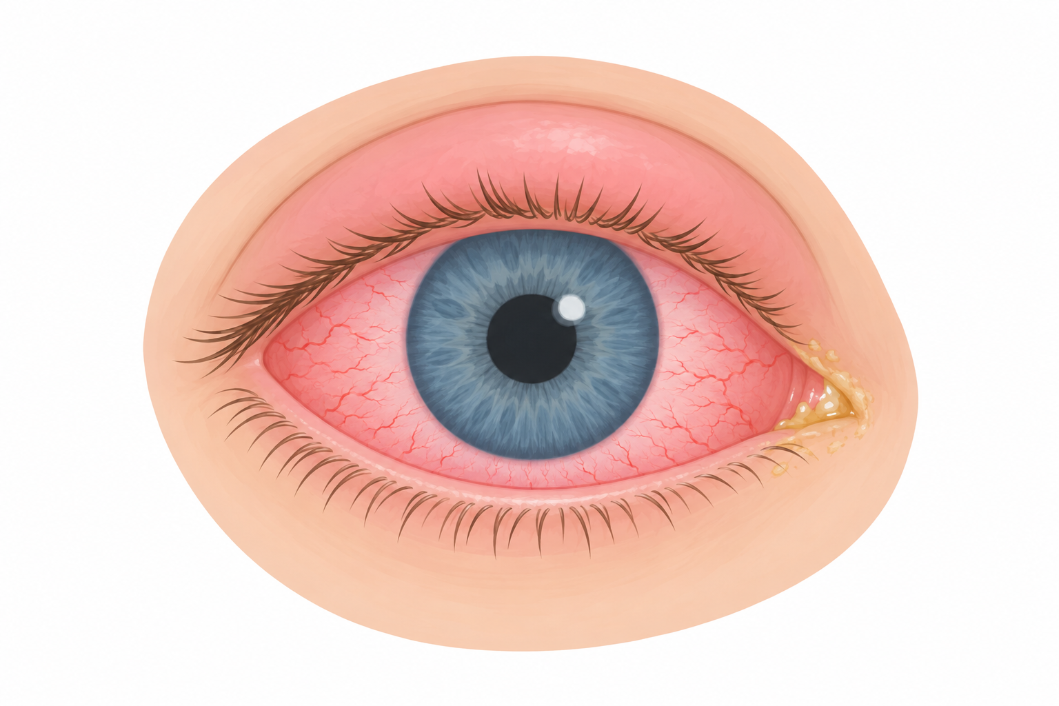 Illustration of a child's eye with conjunctivitis showing redness and discharge