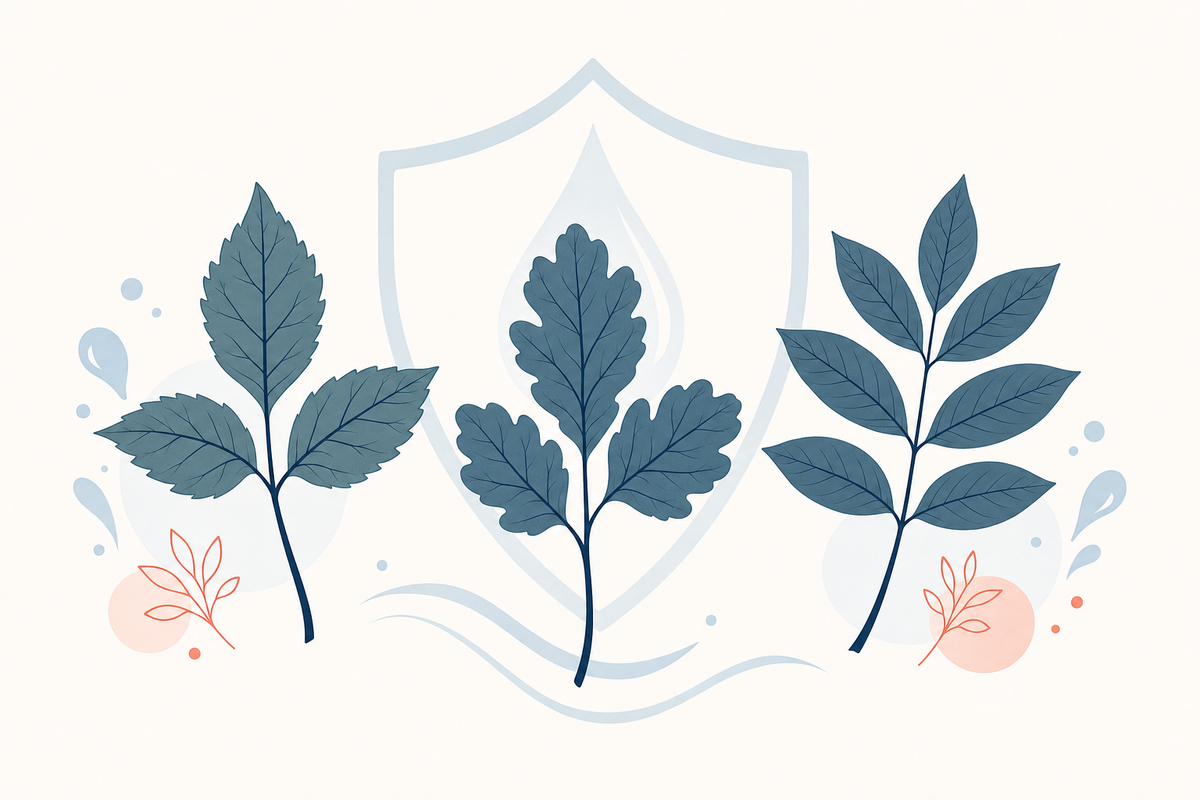 Editorial botanical illustration of poison ivy, poison oak, and poison sumac leaves with a protective shield motif