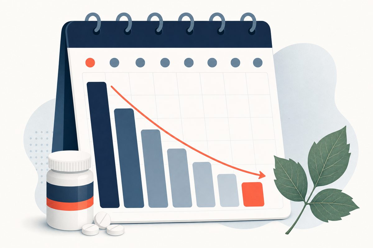 Editorial illustration of a steroid dose tapering down over days beside a poison ivy leaf, representing a prednisone taper for poison ivy