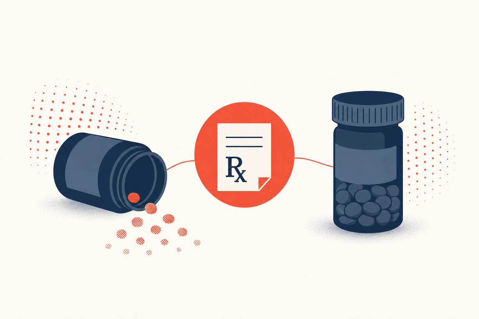 Editorial medical illustration: an empty prescription bottle on the left with pills scattered, a coral Rx symbol in the center, and a full new prescription bottle on the right, representing an international visitor refilling a US prescription