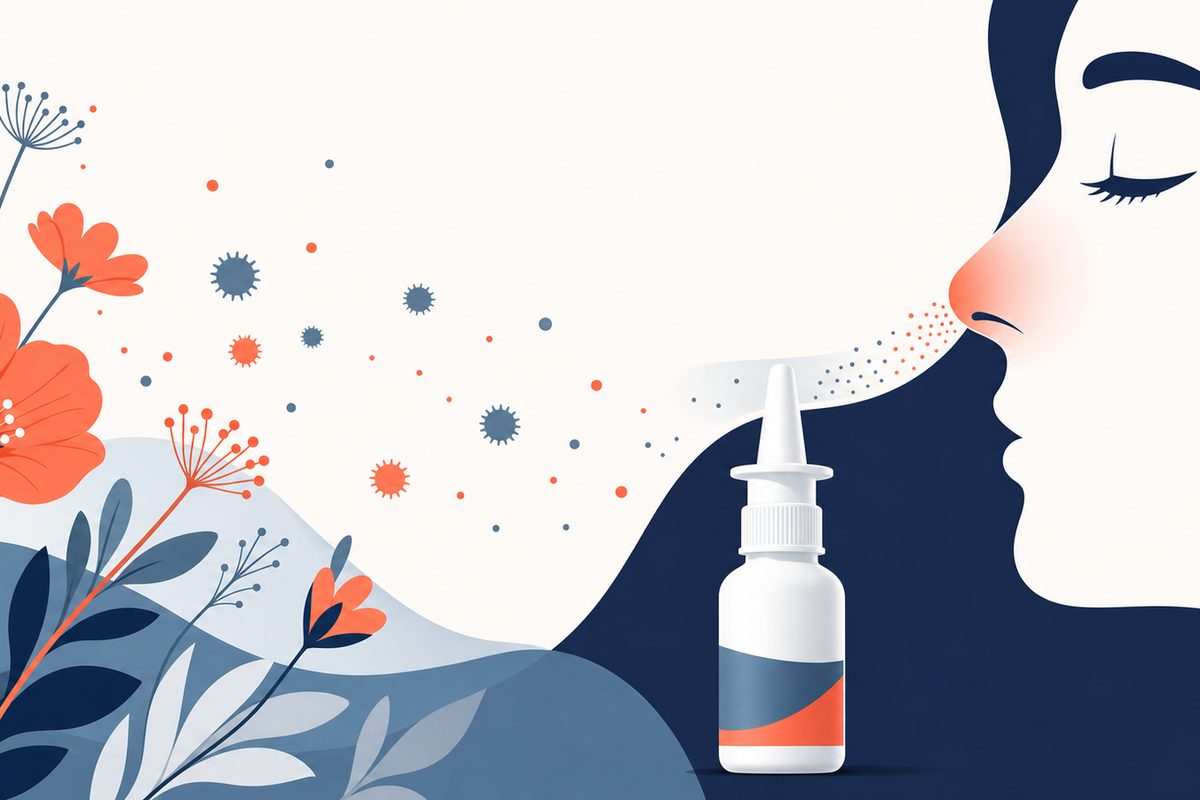 Editorial medical illustration representing Seasonal Allergies (Allergic Rhinitis)