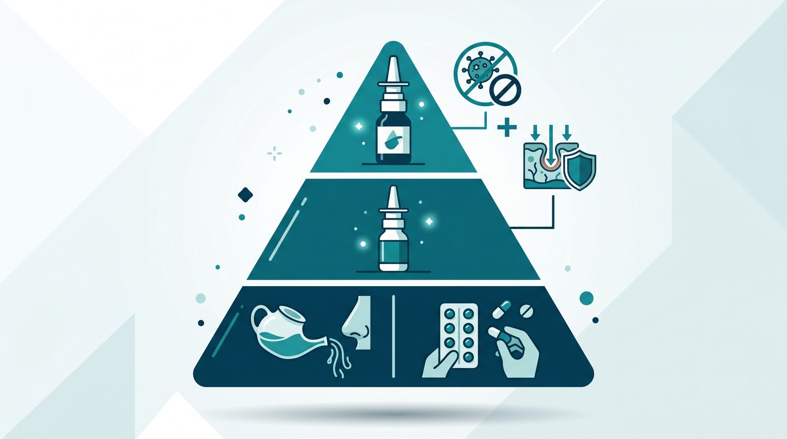 Treatment hierarchy pyramid showing combination nasal spray at top, single nasal spray middle, oral pills and saline at bottom