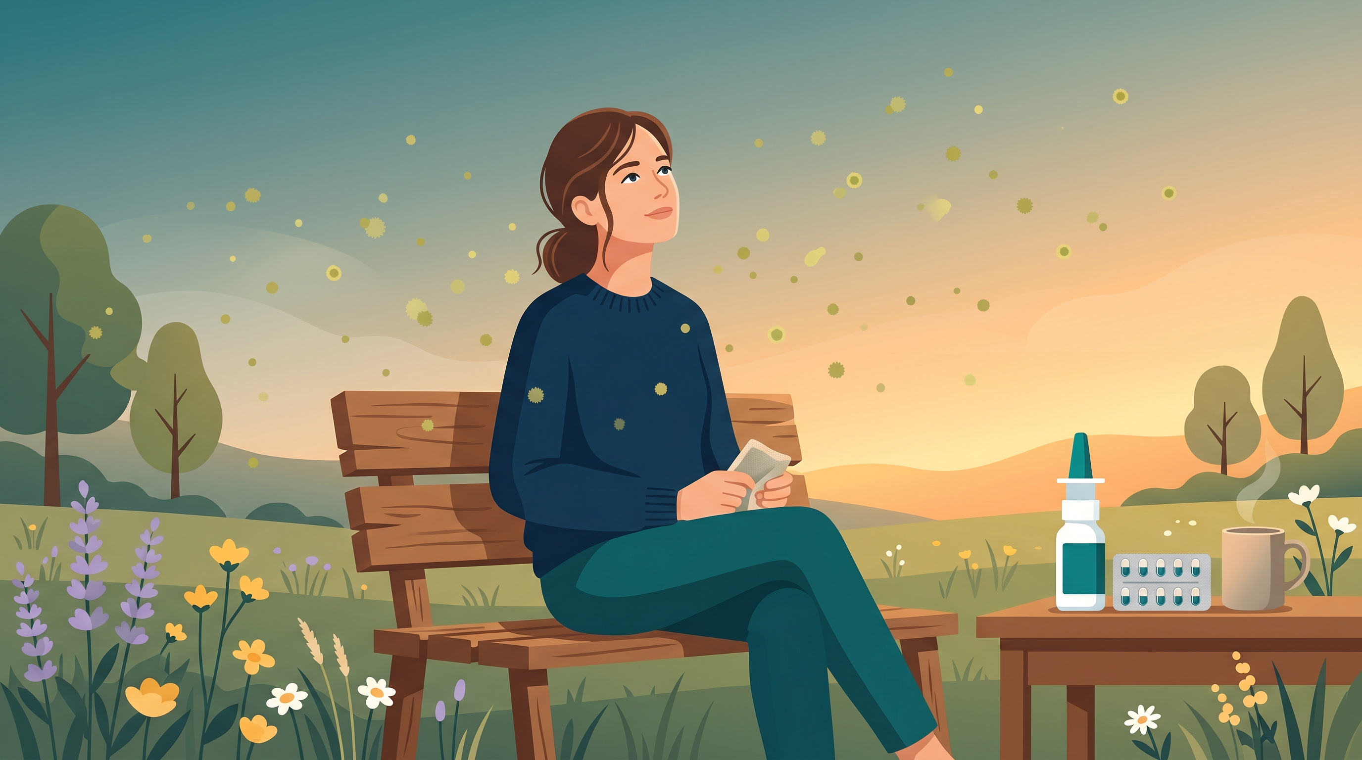 Person experiencing springtime pollen allergy with treatment options nearby