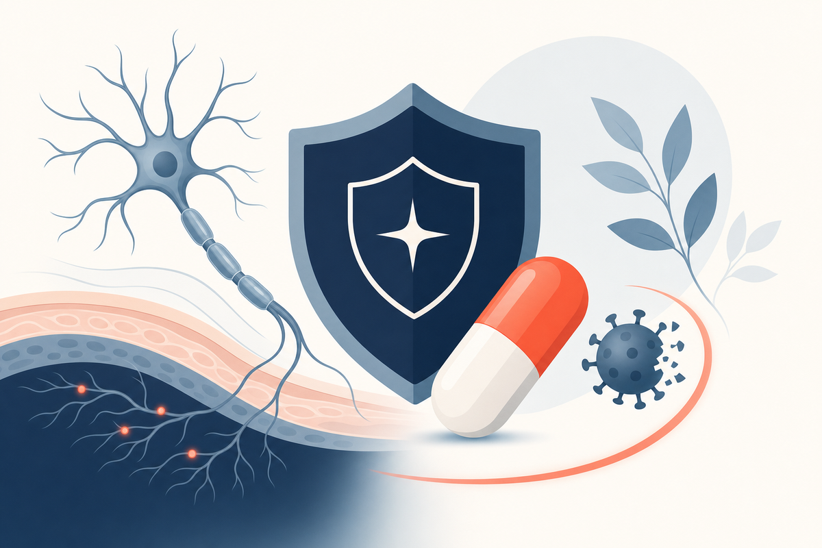 Editorial medical illustration representing shingles and antiviral treatment