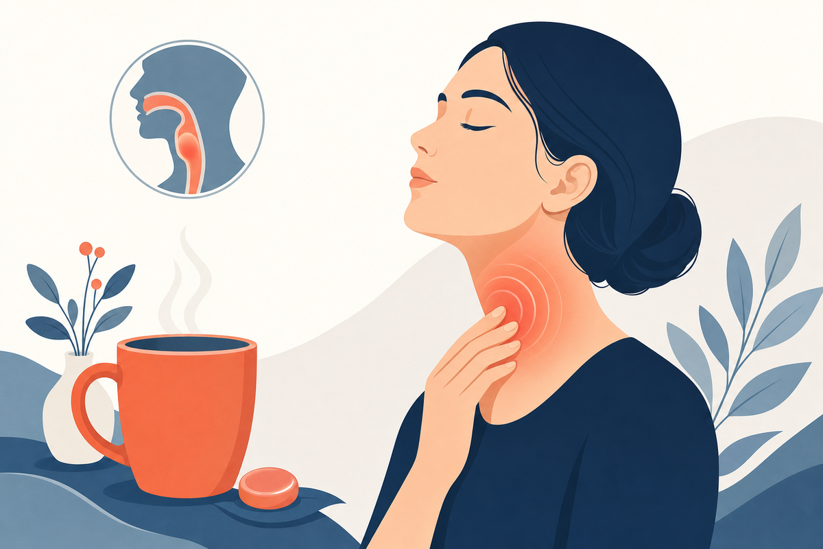 Editorial medical illustration representing Sore Throat (Pharyngitis)
