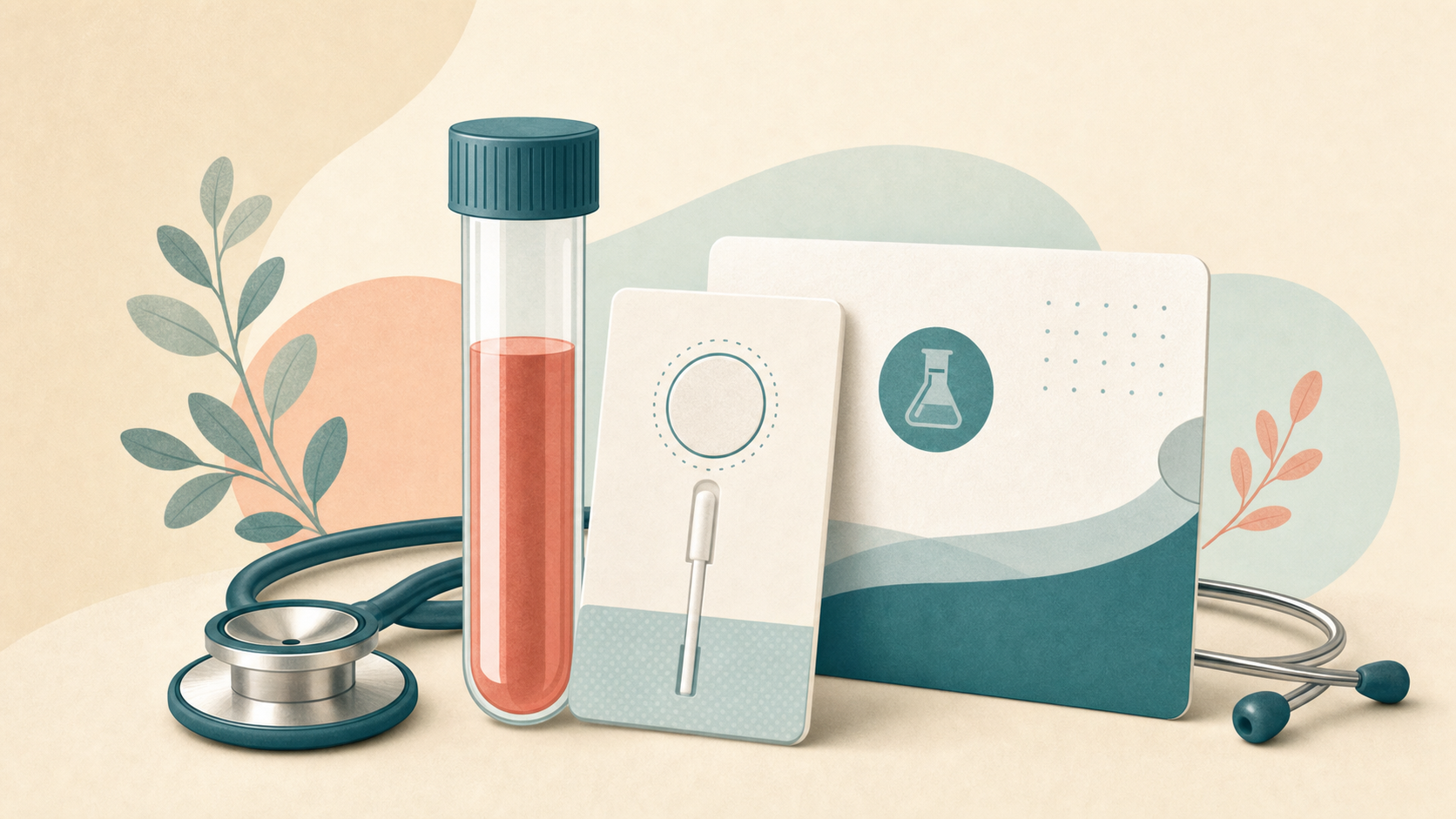 Editorial medical illustration representing STD and STI testing options including home collection kits and clinic-based testing.