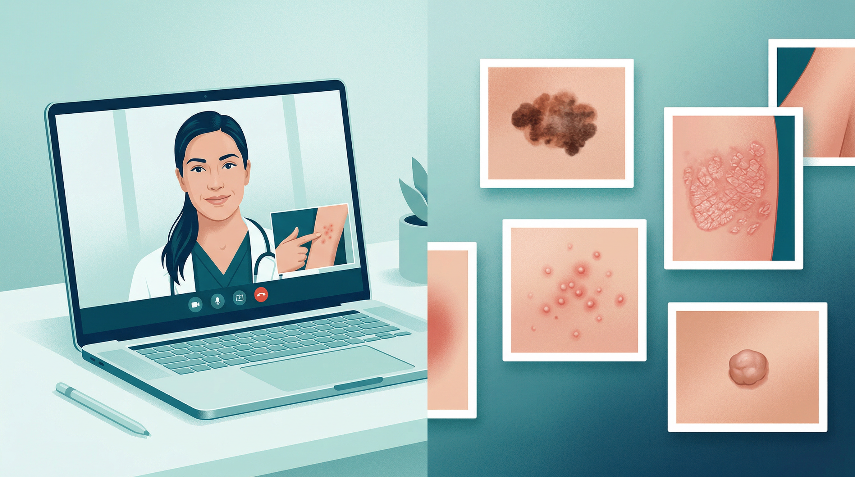 Teledermatology consultation showing a physician evaluating skin conditions via video visit