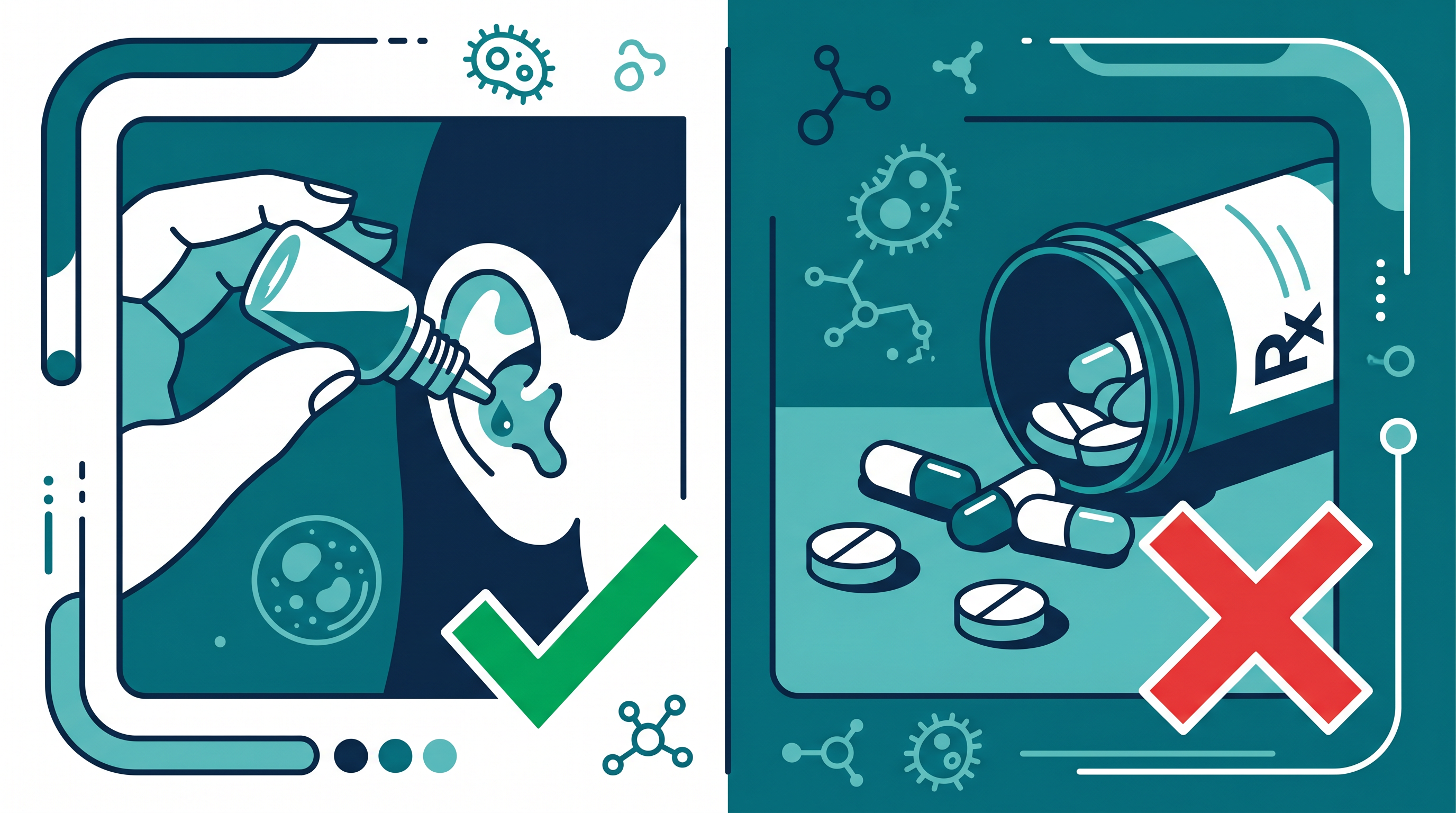 Comparison showing topical eardrops as correct treatment versus oral antibiotics as incorrect treatment for otitis externa