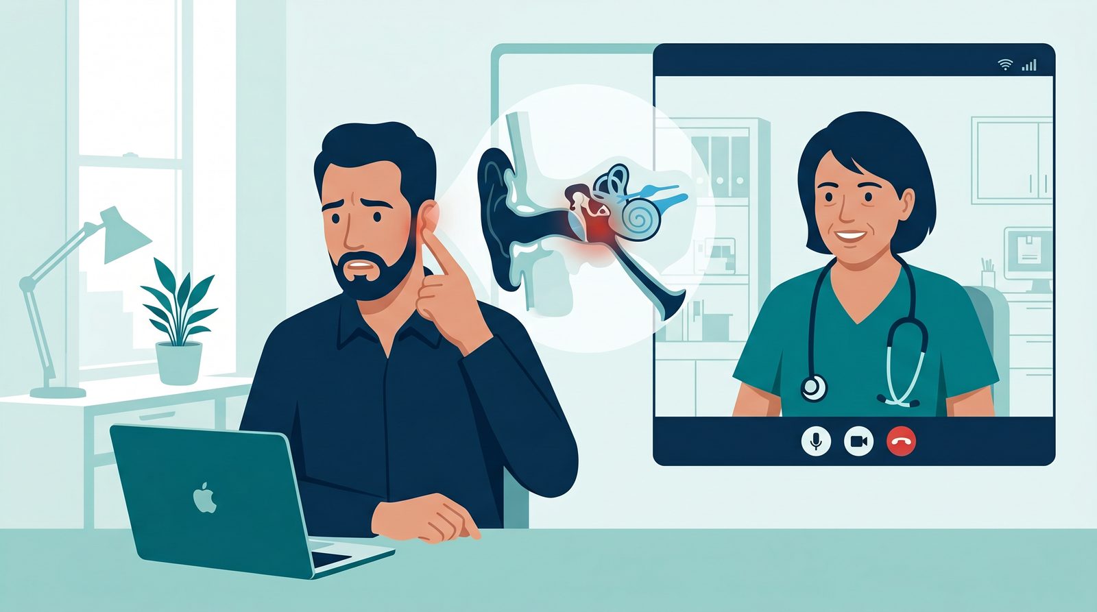 Adult patient consulting physician via telehealth for ear pain, with ear anatomy overlay