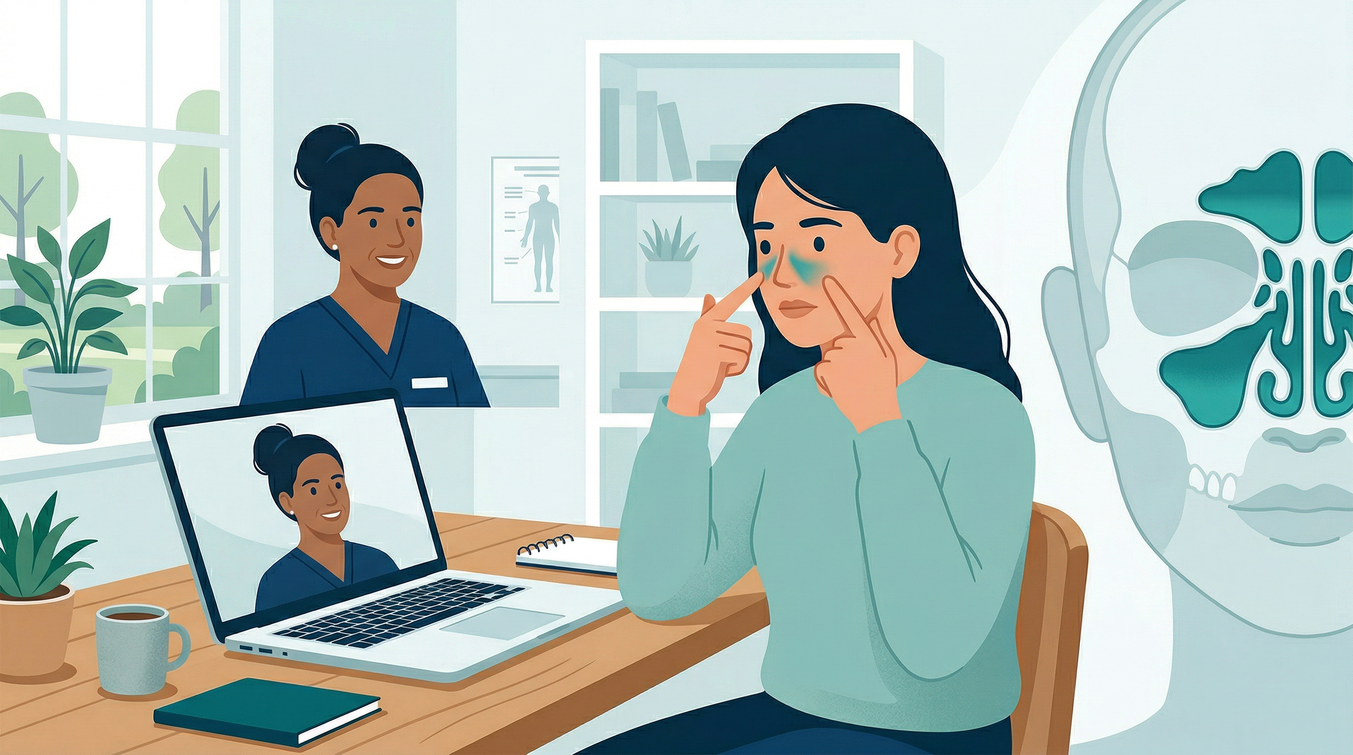Patient consulting with physician via telehealth for sinus infection symptoms, pointing to facial pressure area