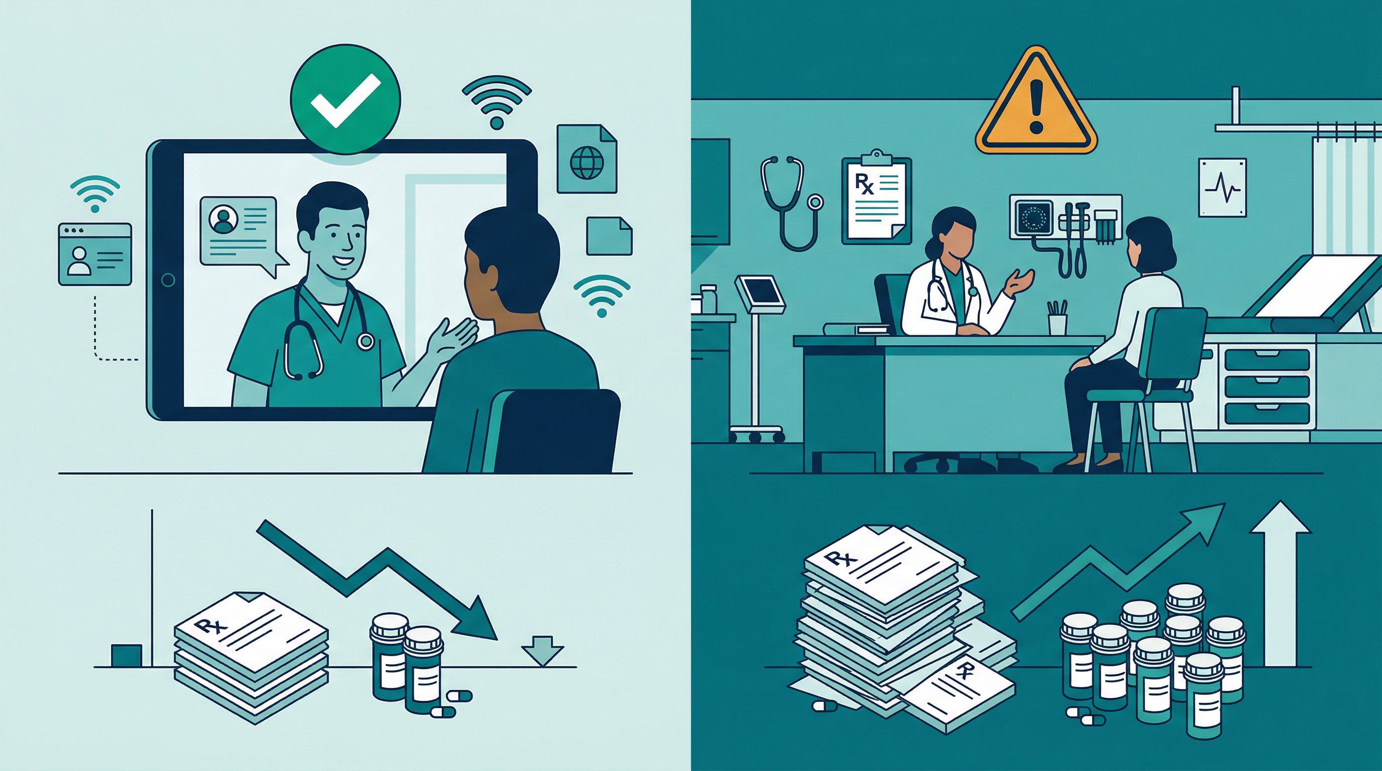 Comparison showing telehealth visits with lower antibiotic prescribing versus in-office visits with higher prescribing rates