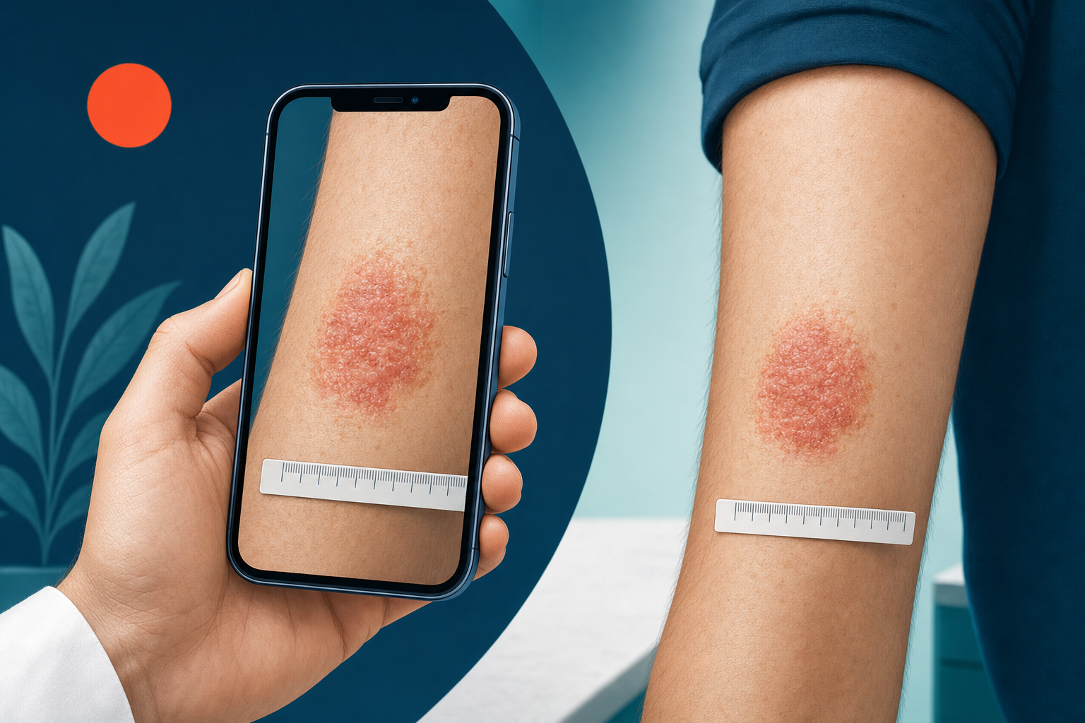 Smartphone camera framing a skin rash on a forearm with a ruler for scale — illustrating store-and-forward teledermatology photo documentation