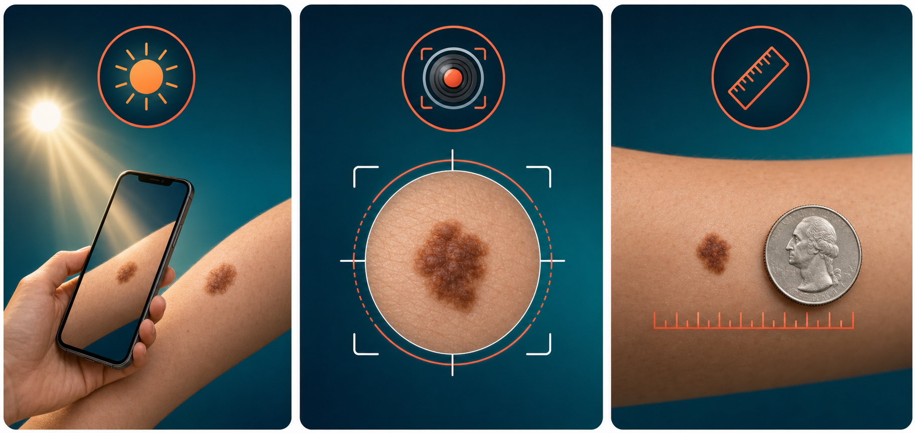 Three-panel illustration of teledermatology photo quality tips: natural lighting, sharp autofocus, and a reference coin for scale