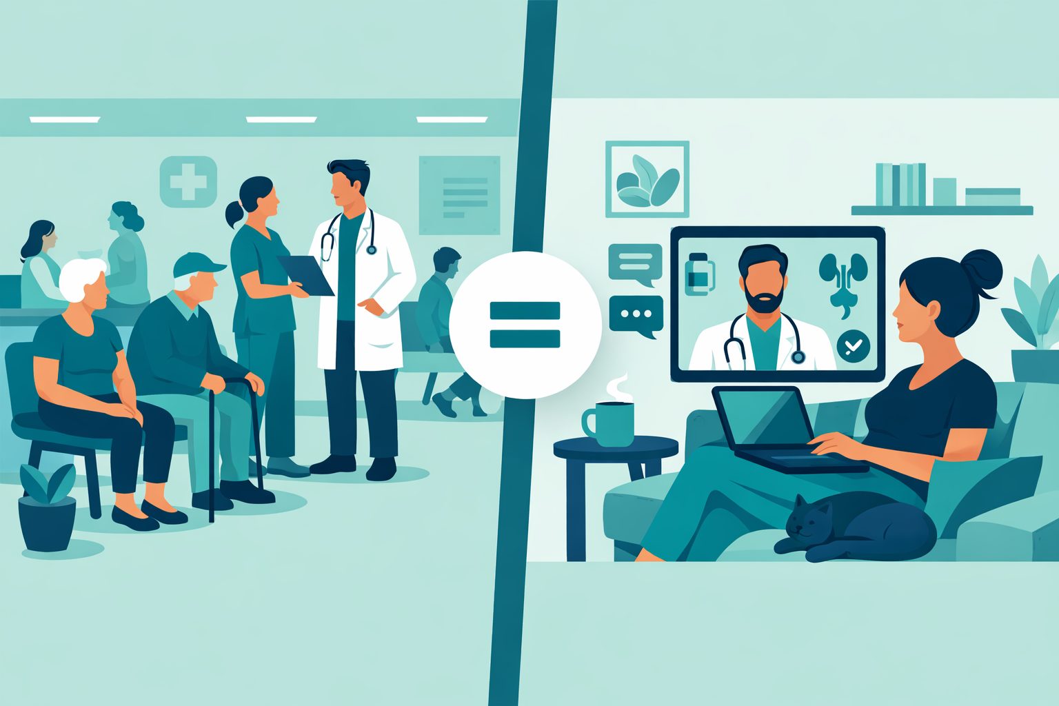 Illustration comparing in-person clinic visit with telehealth virtual visit, showing equivalent outcomes