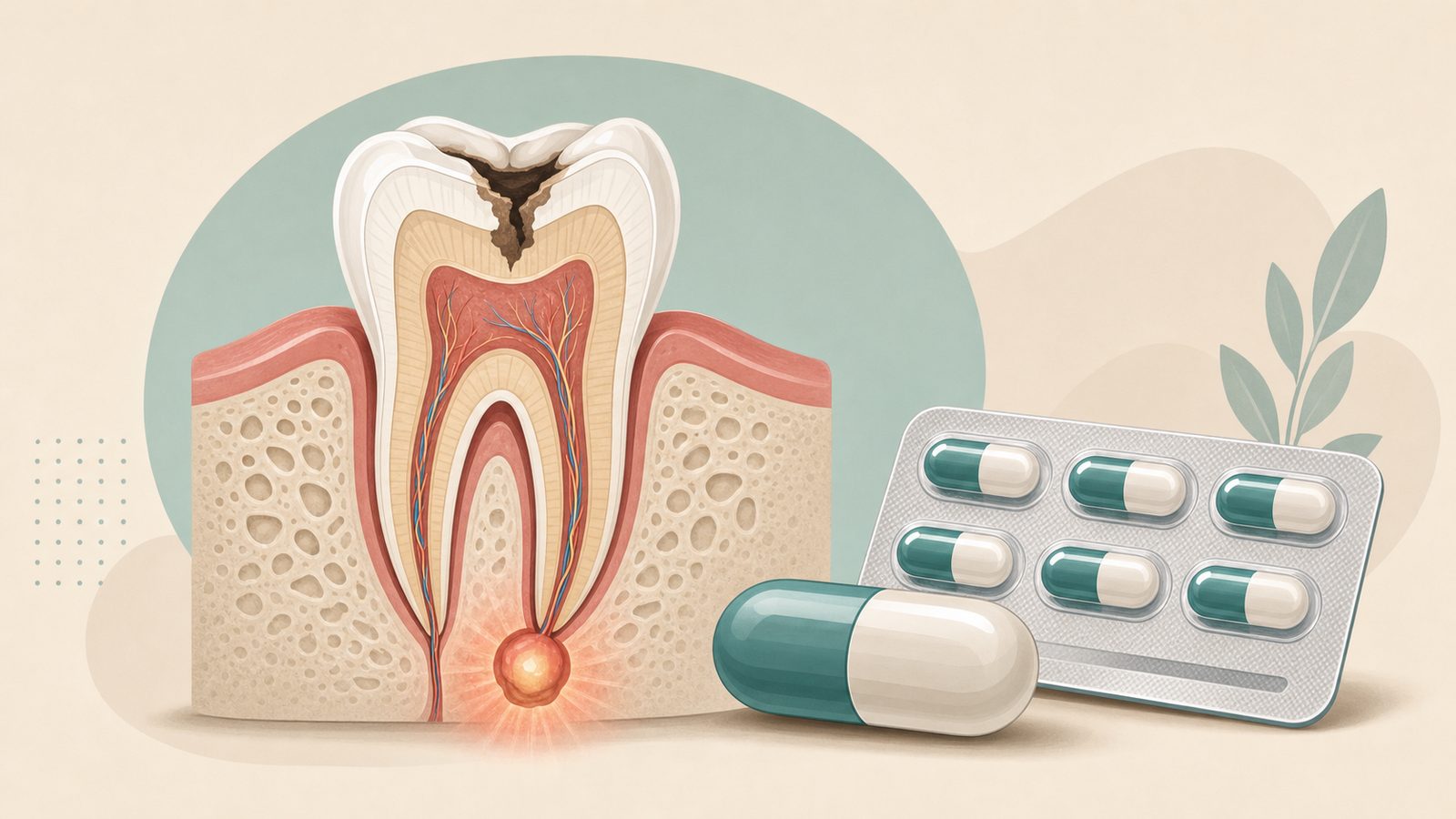 Editorial medical illustration representing antibiotic treatment for tooth infection and dental abscess.