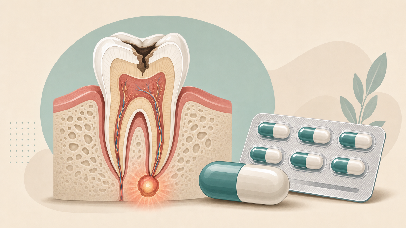 Editorial medical illustration representing antibiotic treatment for tooth infection and dental abscess.