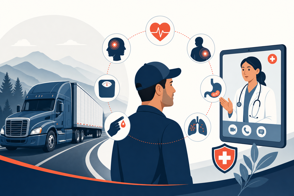 Editorial medical illustration representing The Top Health Risks for Truck Drivers — and How Telehealth Can Help