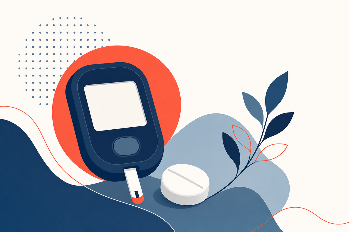 Editorial medical illustration representing Type 2 Diabetes Medication Management
