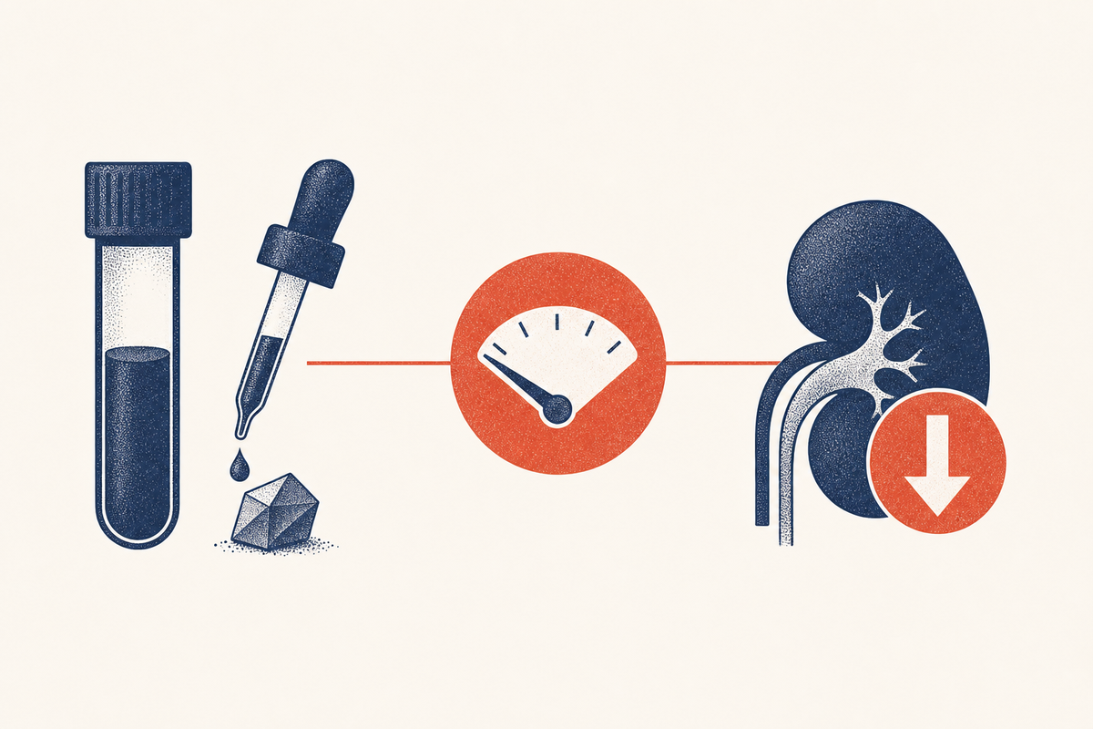 Editorial medical illustration representing uric acid levels and blood testing, showing a blood tube, a gauge, and a kidney