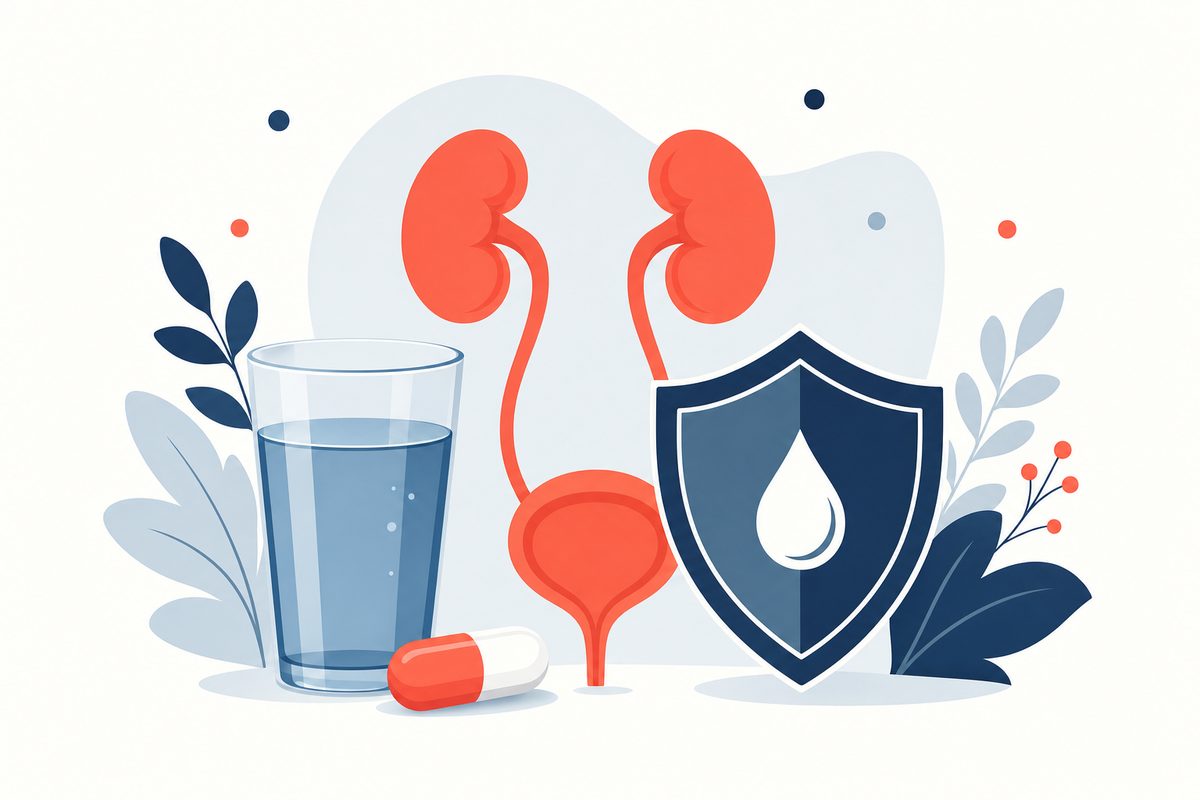 Editorial medical illustration representing Urinary Tract Infections (UTIs)