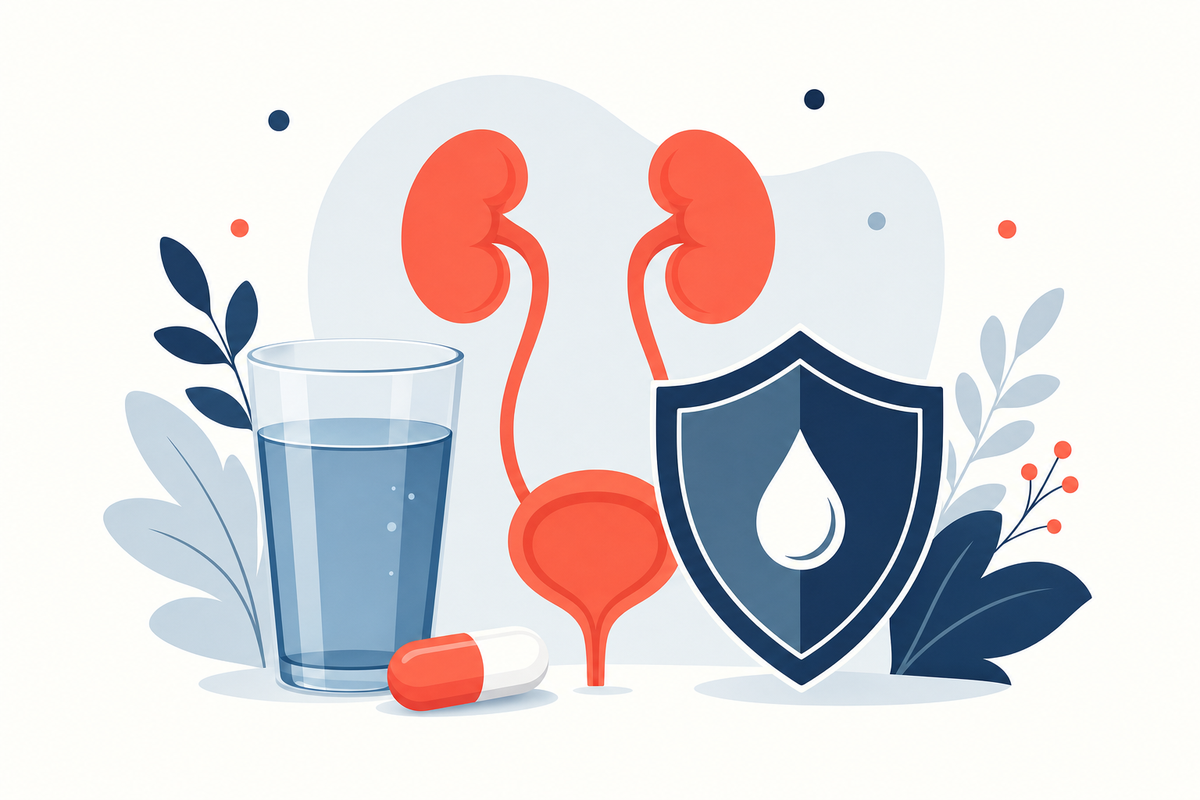 Editorial medical illustration representing Urinary Tract Infections (UTIs)