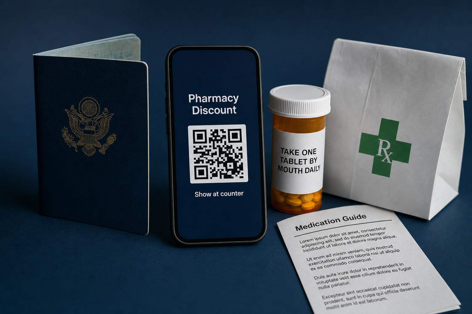 Editorial still life on a US pharmacy counter: a passport, a smartphone displaying a pharmacy discount coupon barcode, an amber prescription pill bottle, a white paper pharmacy bag with a green Rx cross, and a folded medication information sheet